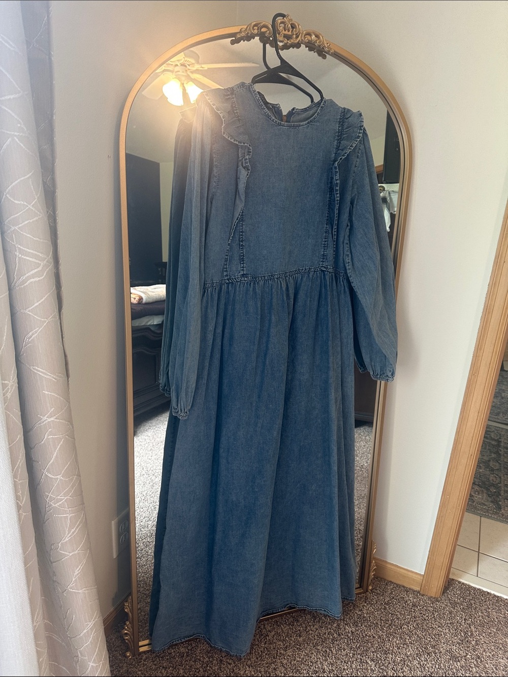 Light Blue Denim Maxi Dress jeans with Ruffle Shoulders